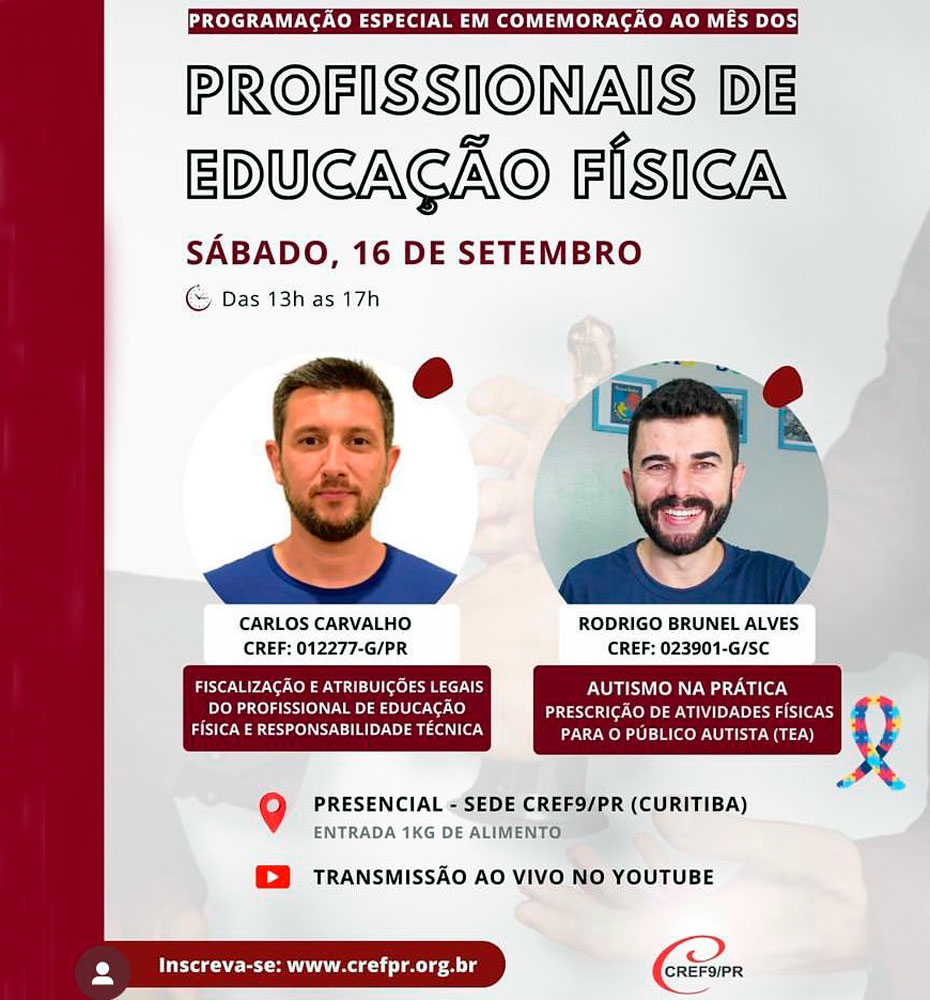 Professores Carlos Carvalho e Rodrigo Brunel Alves são os palestrantes deste sábado no CREF Paraná